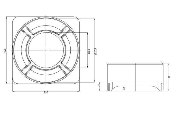 Патрубок Easy2 для вертикального соединения лотка водоотводного Easy2 DN100 с трубой D110мм (110x110x40мм)